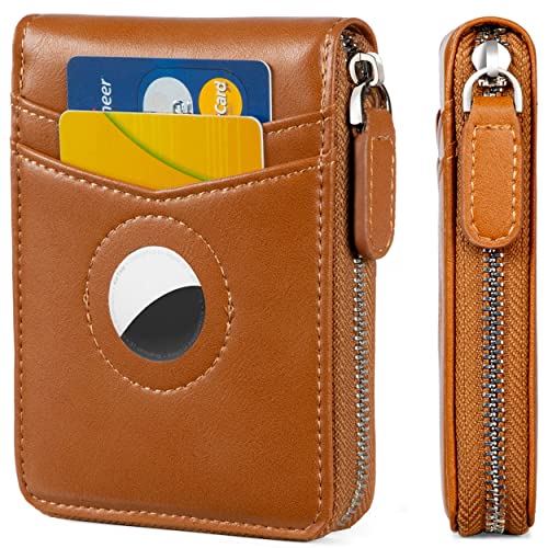 Huztencor AirTag Wallet, Mens Wallet Zipper RFID Slim Leather RFID Credit Card Wallet with Built-in Case Holder for Apple AirTag Oil Brown - Image 1