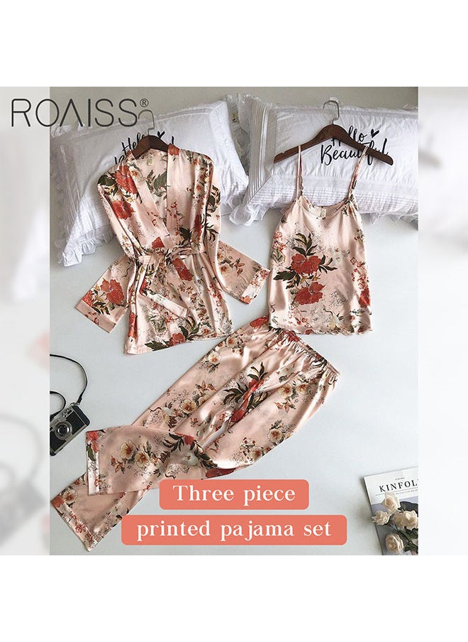 3-Piece Women'S Satin Pajamas Fashion Print Set Round Neck Suspender Top With Elastic Waistband Pants And Waist Tie Up Cardigan - pzsku/Z47C094CD1117E7B9A30AZ/45/_/1714356255/1671d095-931e-4a12-9f30-9482bab0a5d7