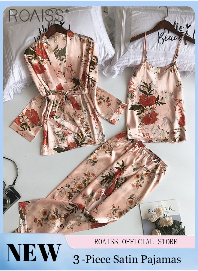 3-Piece Women'S Satin Pajamas Fashion Print Set Round Neck Suspender Top With Elastic Waistband Pants And Waist Tie Up Cardigan - pzsku/Z47C094CD1117E7B9A30AZ/45/_/1714356283/24cd965b-2831-4235-b9c2-87016b63a840