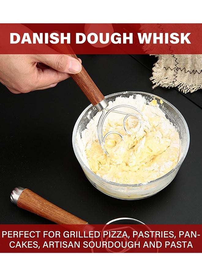 Danish Dough Whisk, Double Eyes Stainless Steel Bread Dough Whisk, Hand Bread Dough Mixer with Wooden Handle for Pastry, Baking Cake, Sourdough, Dessert, Pizza - Image 4