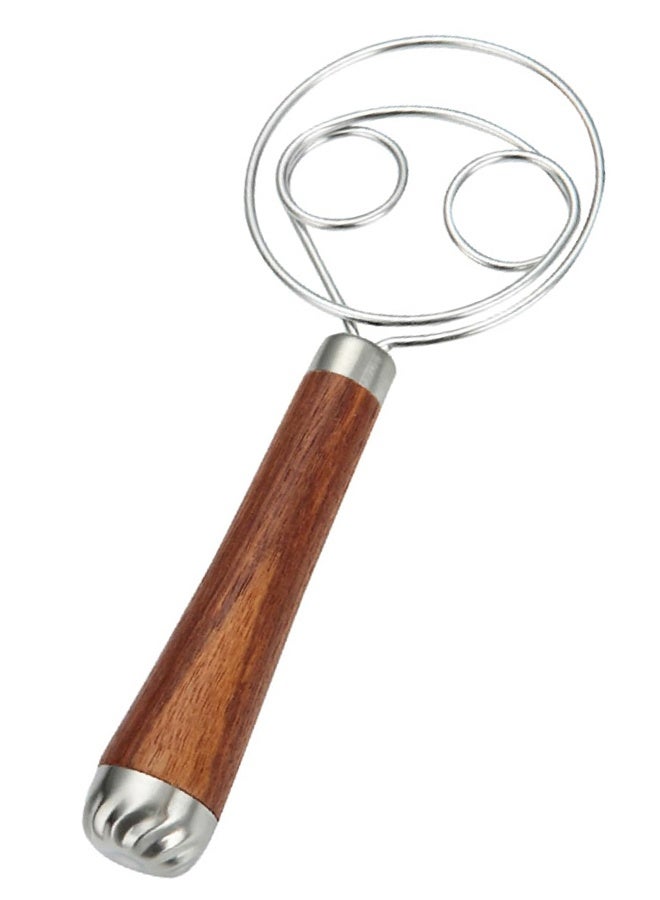 Danish Dough Whisk, Double Eyes Stainless Steel Bread Dough Whisk, Hand Bread Dough Mixer with Wooden Handle for Pastry, Baking Cake, Sourdough, Dessert, Pizza - Image 1