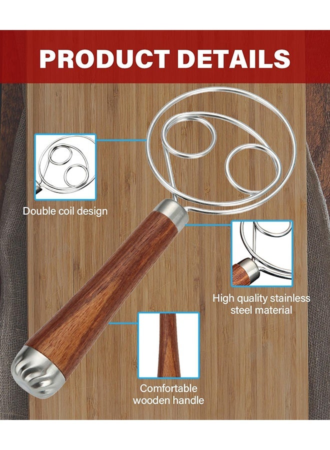 Danish Dough Whisk, Double Eyes Stainless Steel Bread Dough Whisk, Hand Bread Dough Mixer with Wooden Handle for Pastry, Baking Cake, Sourdough, Dessert, Pizza - Image 3