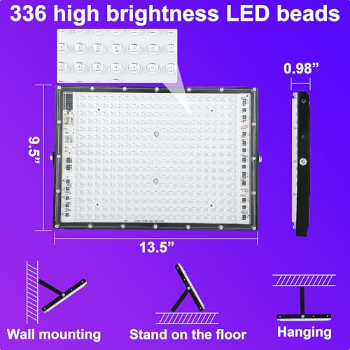 Arckarling 2 Pack 300W Blacklight 336 LEDs, UV Lamp Black Lights for Glow Party, 395nm, IP65 Outdoor Black Light Fixture for Halloween, Glow in The Dark Party, Fluorescent Poster Tapestry, Body Painting - Image 4