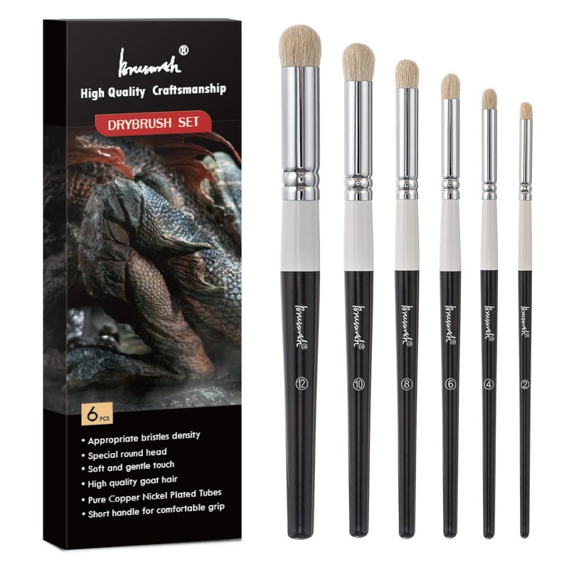 Brusarth Drybrush Set-Hobby Detail Paint Brush Set, 6 Sizes Goat Hair Acrylic Paint Brushes for Tabletop & Wargames Miniature Watercolor Oil Painting, Model for Beginners & Professional - Image 1