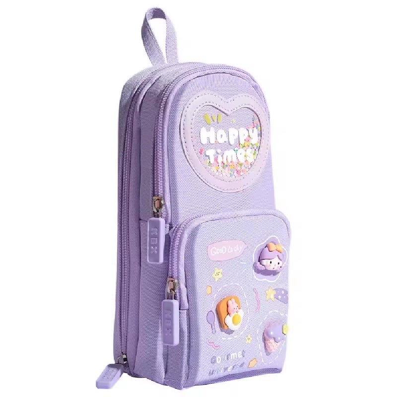 Parshya Kawaii Pencil Pouch 3 Compartment Cute Pencil Poucha Aesthetic Pencil Box for Girls Large Capacity Pen Pencil Pouch Multifunctional Stationery Organizer for School Office (Happy Time Purple) - Image 1