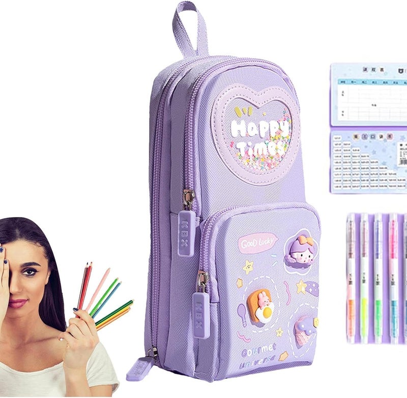Parshya Kawaii Pencil Pouch 3 Compartment Cute Pencil Poucha Aesthetic Pencil Box for Girls Large Capacity Pen Pencil Pouch Multifunctional Stationery Organizer for School Office (Happy Time Purple) - Image 4