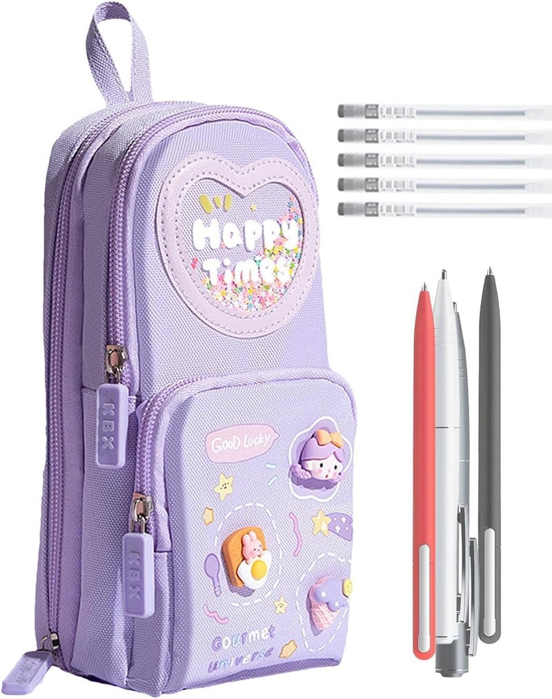 Parshya Kawaii Pencil Pouch 3 Compartment Cute Pencil Poucha Aesthetic Pencil Box for Girls Large Capacity Pen Pencil Pouch Multifunctional Stationery Organizer for School Office (Happy Time Purple) - Image 5