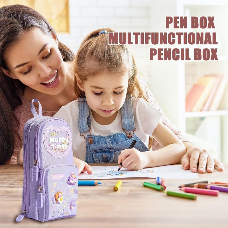 Parshya Kawaii Pencil Pouch 3 Compartment Cute Pencil Poucha Aesthetic Pencil Box for Girls Large Capacity Pen Pencil Pouch Multifunctional Stationery Organizer for School Office (Happy Time Purple) - Image 3