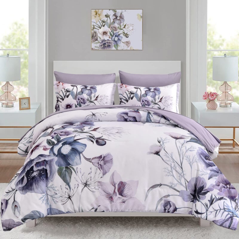Luxudecor Floral Comforter Set King Size 7 Piece Purple Flower Bed in a Bag Elegant Floral Comforter with Sheet Set Soft Microfiber Bedding Set for All Season Purple 104x90