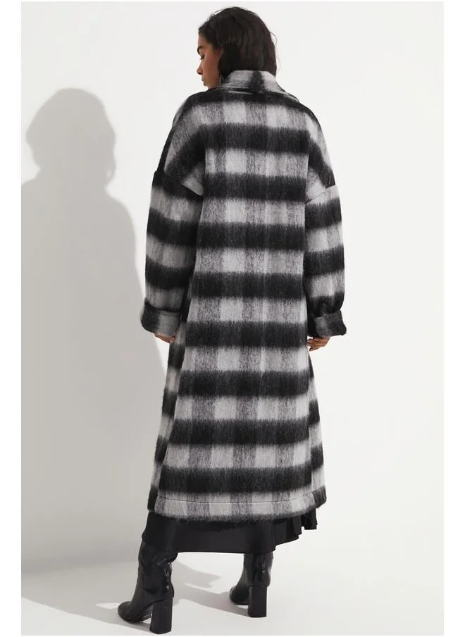 جون June Patterned Long Coat Grey