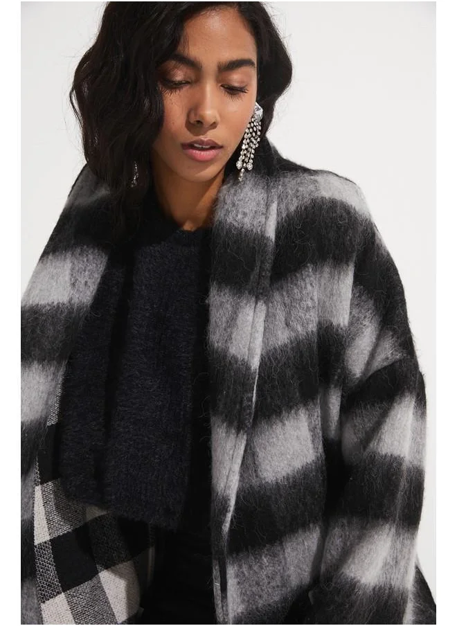 جون June Patterned Long Coat Grey