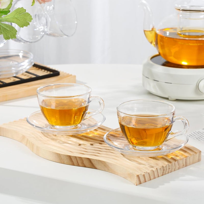 GURUDAR Glass Teacup and Saucer Set, 6 Pack Coffee Mug with Stainless Steel Spoon Suitable for Espresso Juice Cappuccino and More Beverage, 7OZ/210ML, Clear - Image 2