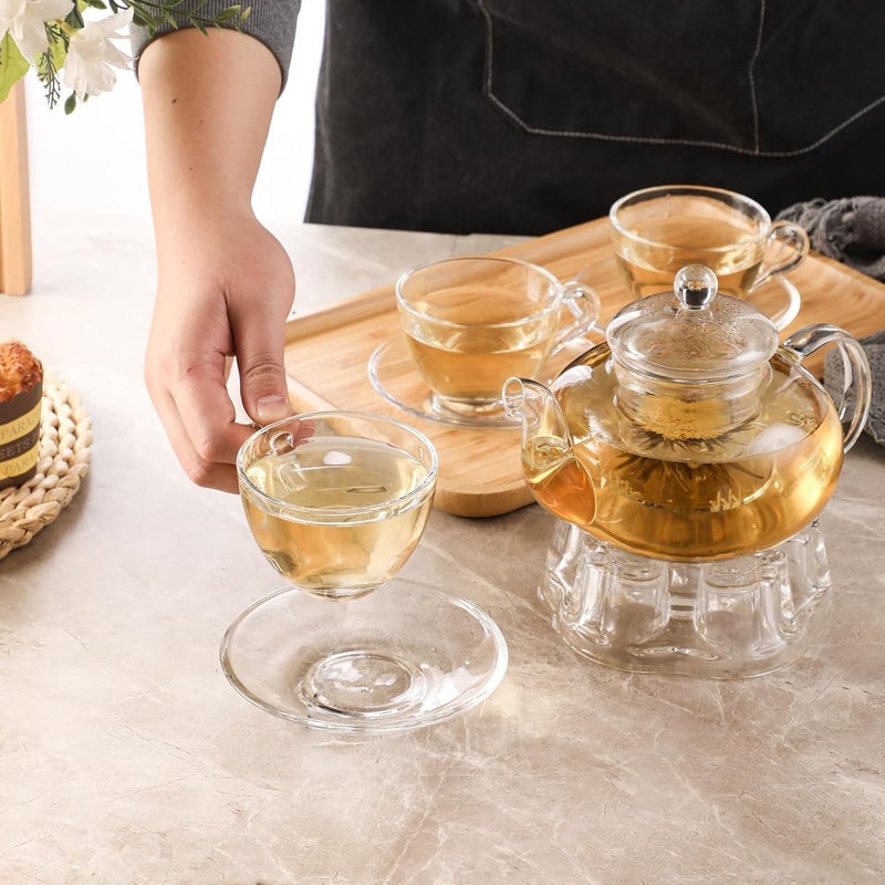 GURUDAR Glass Teacup and Saucer Set, 6 Pack Coffee Mug with Stainless Steel Spoon Suitable for Espresso Juice Cappuccino and More Beverage, 7OZ/210ML, Clear - Image 4