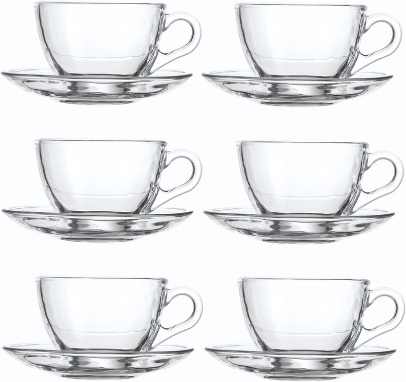 GURUDAR Glass Teacup and Saucer Set, 6 Pack Coffee Mug with Stainless Steel Spoon Suitable for Espresso Juice Cappuccino and More Beverage, 7OZ/210ML, Clear - Image 1