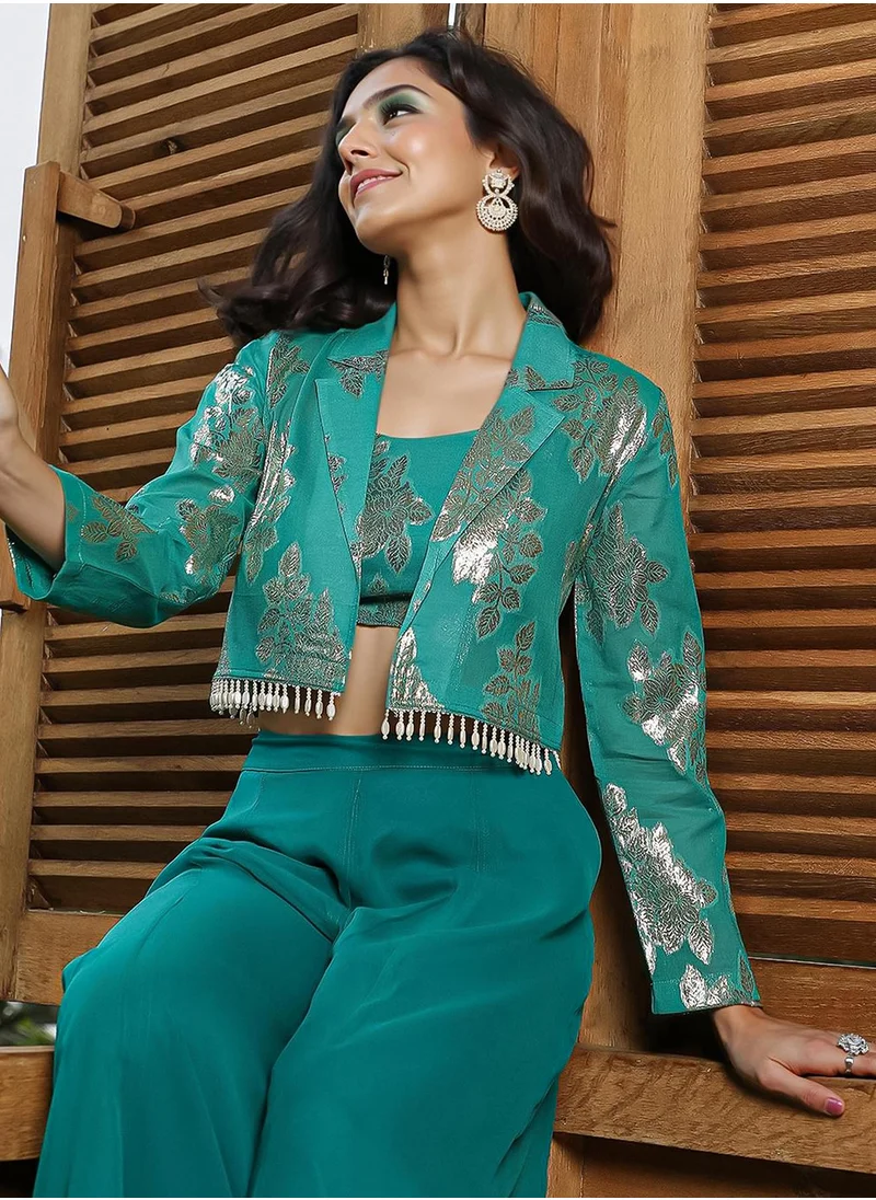  قصة Women's Teal Green Plume Threads Co-Ord Set
