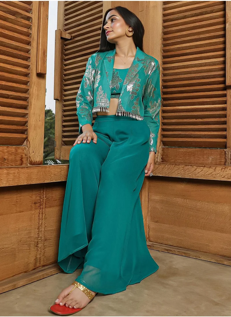  قصة Women's Teal Green Plume Threads Co-Ord Set