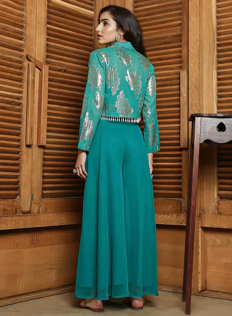  قصة Women's Teal Green Plume Threads Co-Ord Set