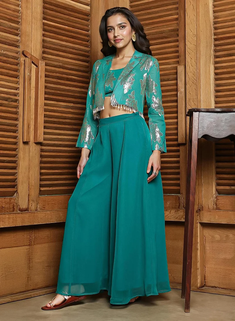  قصة Women's Teal Green Plume Threads Co-Ord Set