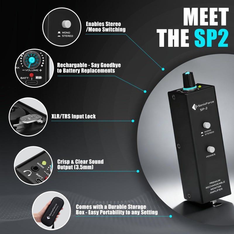 SonixForce Rechargeable Headphone Amp with XLR/TRS Input & 3.5mm Output, Stereo/Mono Switch for in-Ear Monitor, Drummers, Guitar, Musicians, Keyboardists (Personal Analog Headphone Amplifier) - Image 2