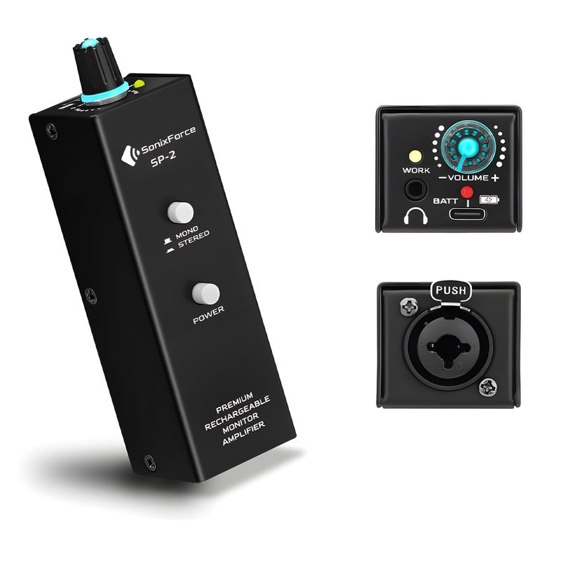 SonixForce Rechargeable Headphone Amp with XLR/TRS Input & 3.5mm Output, Stereo/Mono Switch for in-Ear Monitor, Drummers, Guitar, Musicians, Keyboardists (Personal Analog Headphone Amplifier) - Image 1