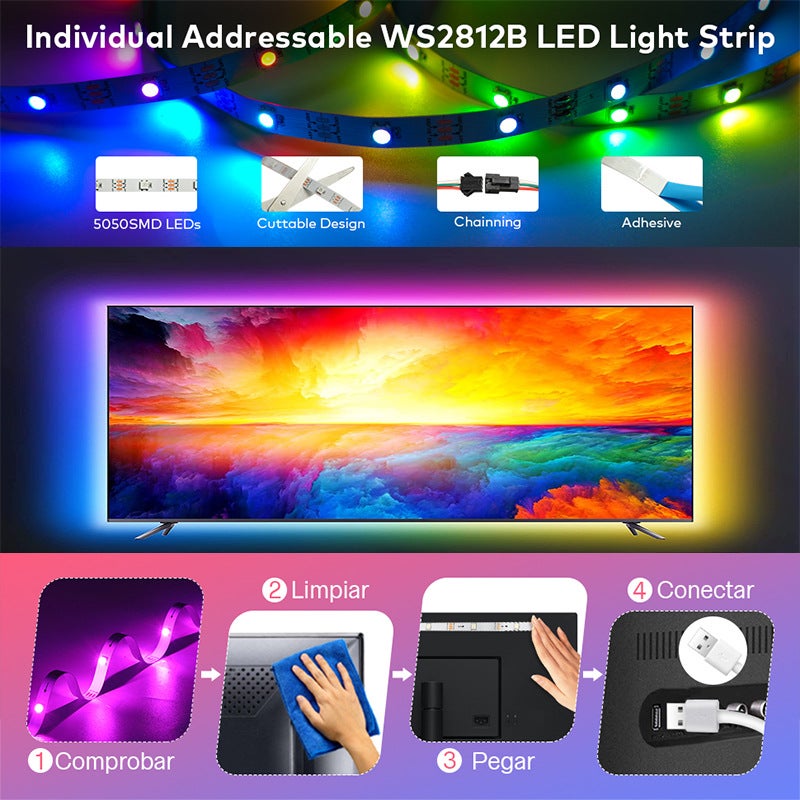 RGB Light Strip 1m & 2m 5050: DIY Shape Design - 3 Control Methods Adjustable RGB Light Strip for Desktop, TV, Bedroom, Living Room Decoration - Image 2