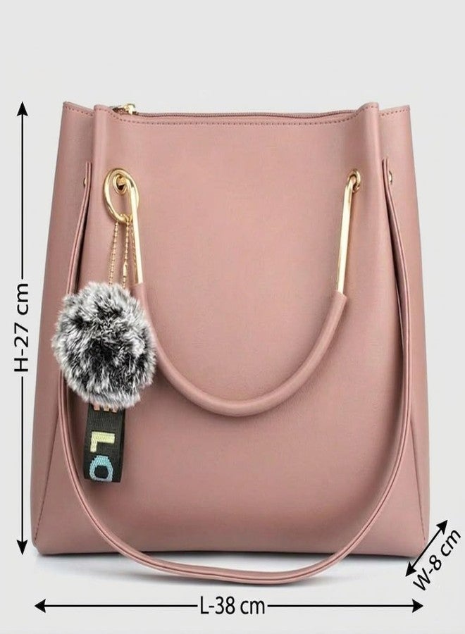 DANIEL CLARK PU Leather Tote Bag with Pom Pom Charm, Shoulder Handbag, Elegant Daily Use Purse for Office, Travel & Casual for Women & Girls (Pink) - Image 4