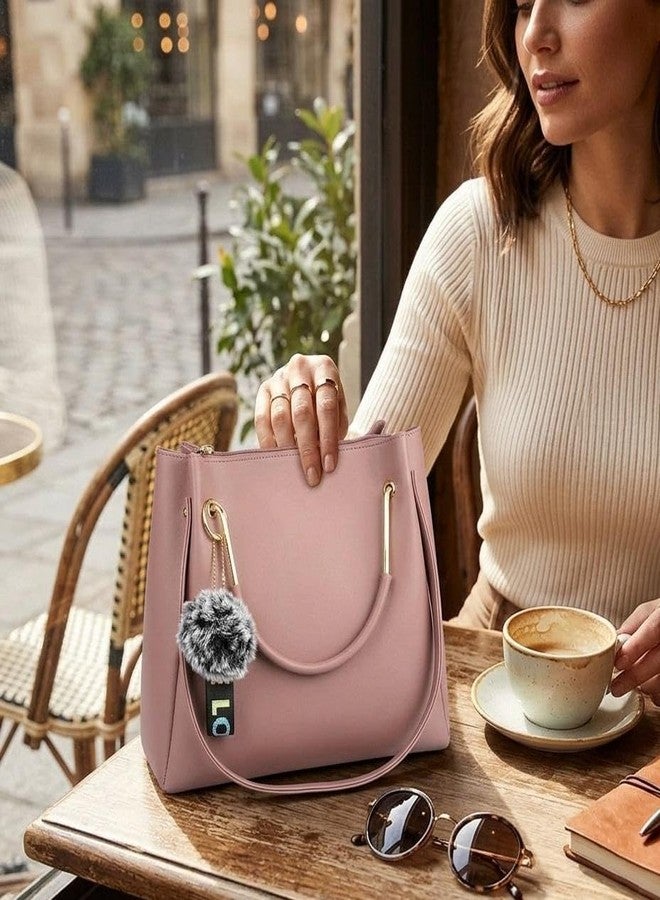 DANIEL CLARK PU Leather Tote Bag with Pom Pom Charm, Shoulder Handbag, Elegant Daily Use Purse for Office, Travel & Casual for Women & Girls (Pink) - Image 5