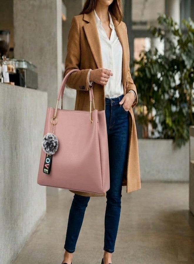 DANIEL CLARK PU Leather Tote Bag with Pom Pom Charm, Shoulder Handbag, Elegant Daily Use Purse for Office, Travel & Casual for Women & Girls (Pink) - Image 3