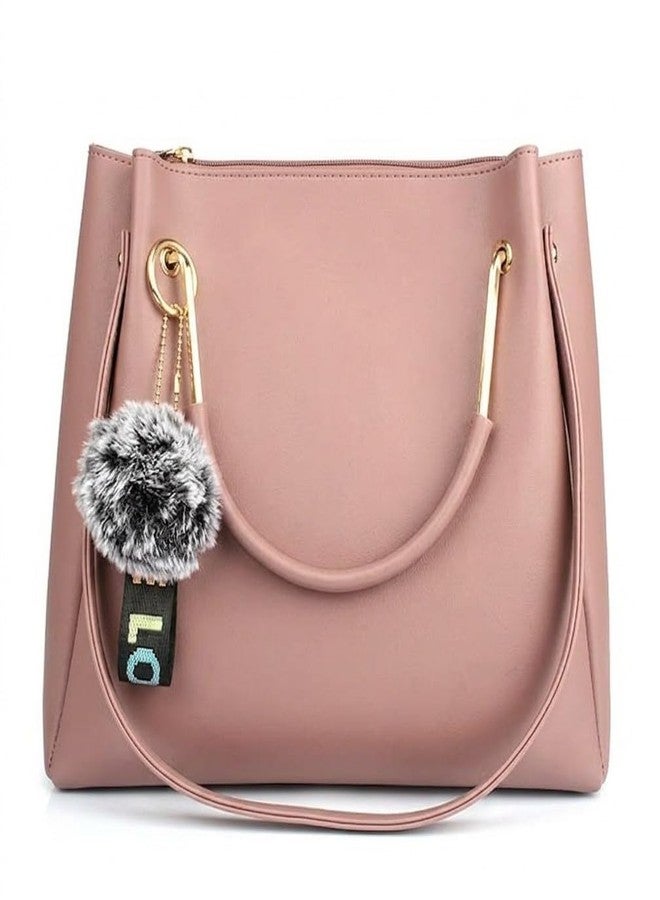 DANIEL CLARK PU Leather Tote Bag with Pom Pom Charm, Shoulder Handbag, Elegant Daily Use Purse for Office, Travel & Casual for Women & Girls (Pink) - Image 1