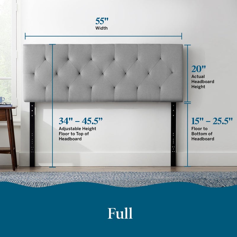 Lucid Mid-Rise Upholstered Headboard - Diamond Tufted - Padded Polyester - Adjustable Height from 34â€ to 46â€ - Easy Assembly - Bed Frame or Wall Mount - Sturdy - Stone - Full / Full XL Size - Image 2