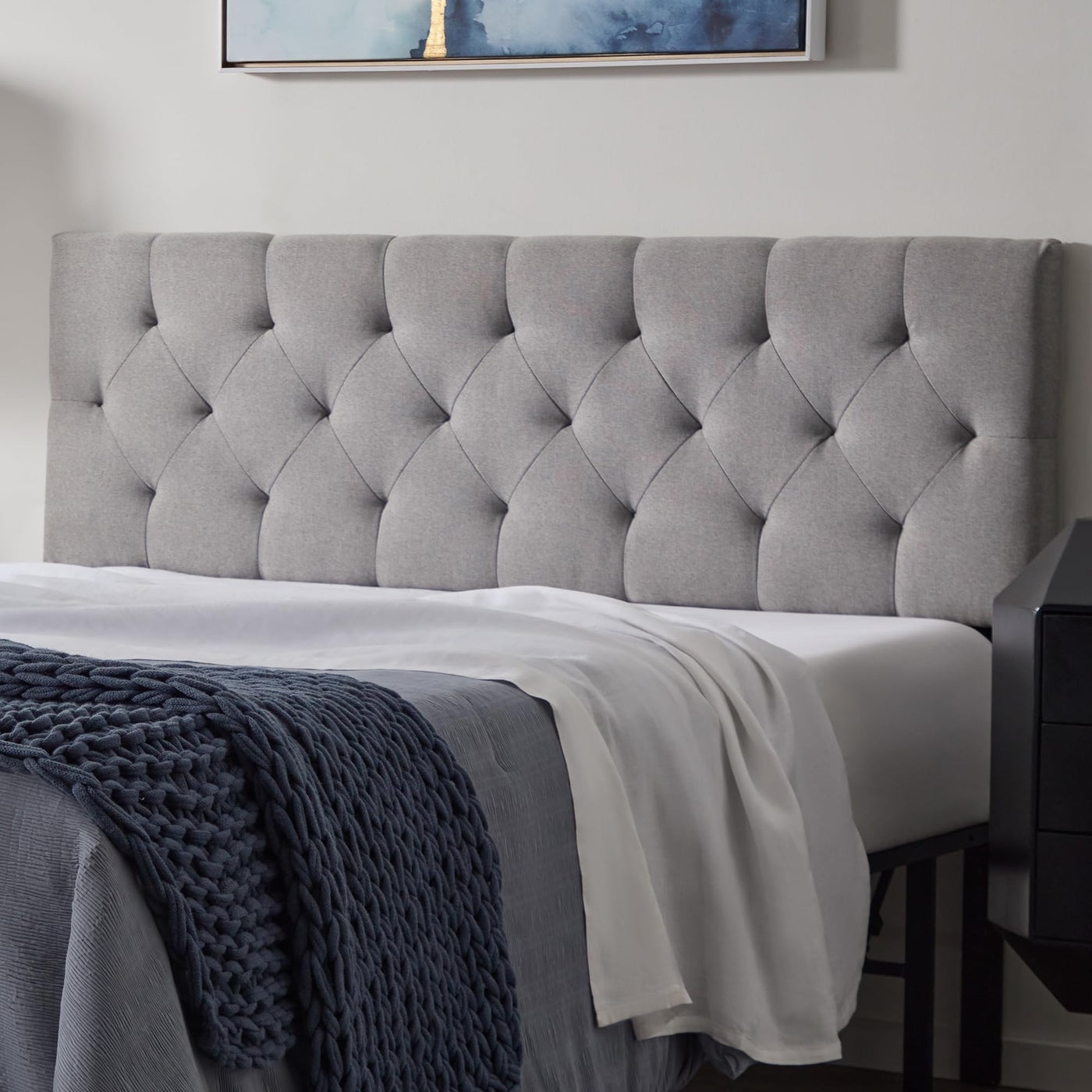Lucid Mid-Rise Upholstered Headboard - Diamond Tufted - Padded Polyester - Adjustable Height from 34†to 46†- Easy Assembly - Bed Frame or Wall Mount - Sturdy - Stone - Full / Full XL Size
