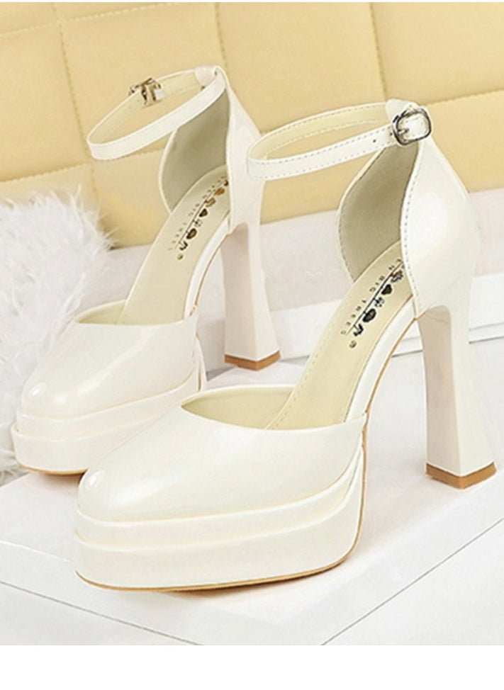 BIGTREE Womens Platform Chunky High Heels Round Closed Toe With Ankle Strap Pumps White 11.5CM  - Image 1