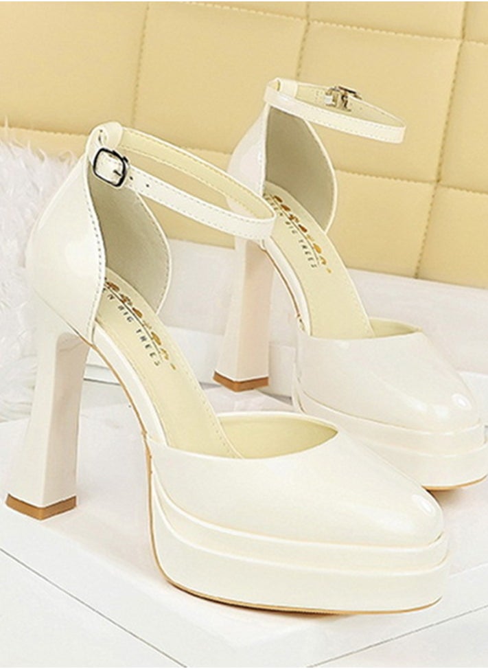 BIGTREE Womens Platform Chunky High Heels Round Closed Toe With Ankle Strap Pumps White 11.5CM  - Image 2