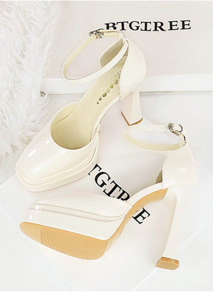 BIGTREE Womens Platform Chunky High Heels Round Closed Toe With Ankle Strap Pumps White 11.5CM  - Image 3