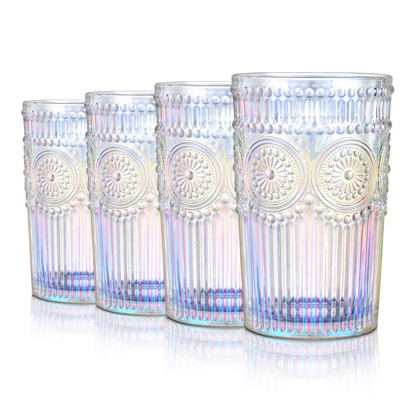 Joeyan 370ml Iridescent Drinking GlassesVintage Embossed Water Glasses Set of 4Sunflower Patterned Highball Glasses for Juice Cocktail Ice TeaColoured Glass Tumblers for Home Restaurant Praty