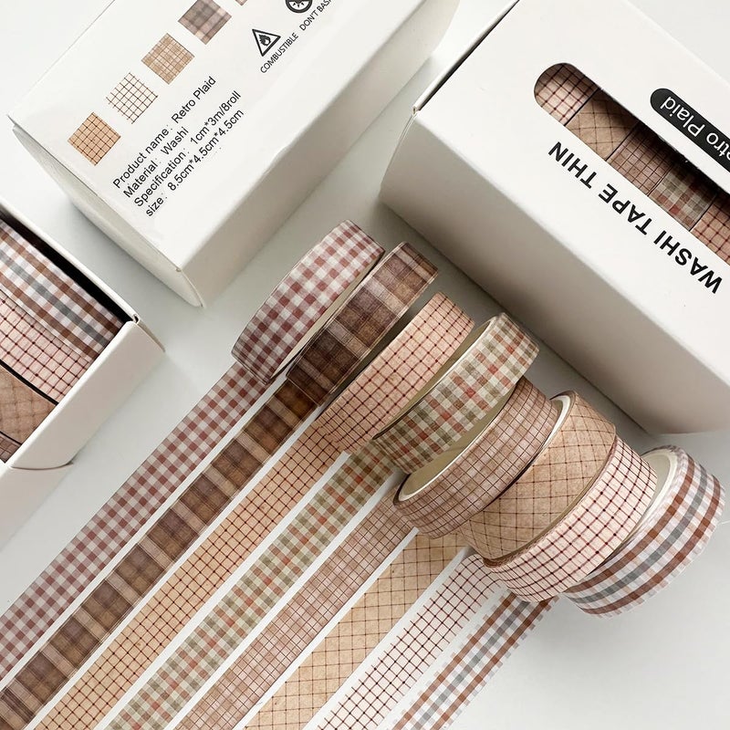YUBX Vintage Washi Tape Set 8 Rolls Thin Retro Decorative Antique Patterns Masking Tapes for Arts, DIY Crafts, Journals, Planners, Scrapbook, Wrapping (Retro Plaid) - Image 5