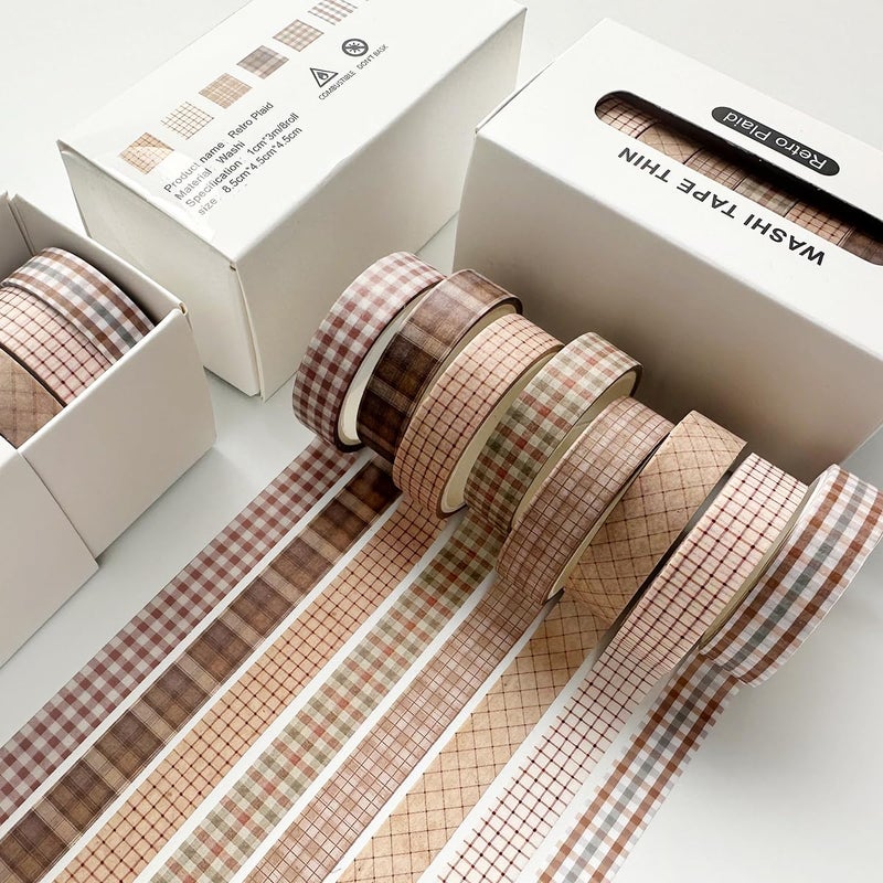 YUBX Vintage Washi Tape Set 8 Rolls Thin Retro Decorative Antique Patterns Masking Tapes for Arts, DIY Crafts, Journals, Planners, Scrapbook, Wrapping (Retro Plaid) - Image 2