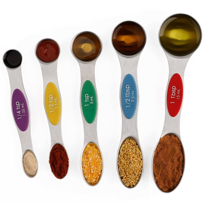 Magnetic Measuring Spoons Set of 5 Stainless Steel Dual Sided Stackable Teaspoon for Measuring Dry and Liquid Ingredients Color