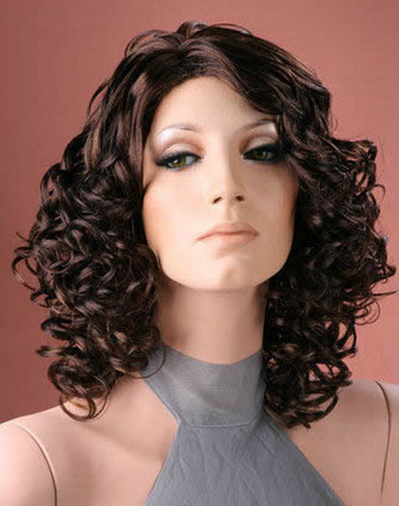 Forever young Forever Young UK Ladies Medium Soft Natural Curly Medium Brown with Golden Brown Highlights Wig - Image 1