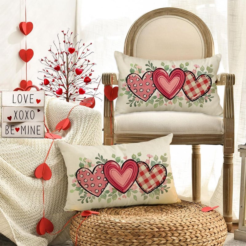 RABUSOFA Outdoor Valentines Pillow Covers Waterproof,12x20 Inch Red Love Heart Polka Dot Decor Buffalo Plaid Wedding Cushion Case Farmhouse Decoration for Sofa Couch(Red, 20" x 12" (Pack of 1)) - Image 2