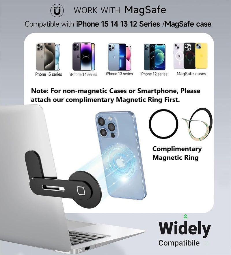 GadgetBite Magnetic Laptop Mobile Holder for Home Office Outdoor Compatible with Magsafe MacBook Mobile Stand for iPhone 16 15 14 13 12 Series and Other Smartphone with Mag Safe Ring - Black - Image 4
