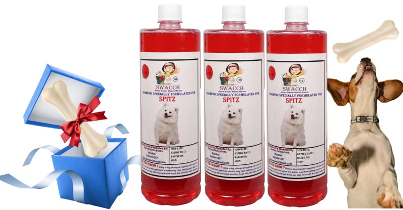 swacch Shampoo | Puppy Safe Shampoo | Spitz Dog Shampoo (1 Litre) (Pack of 3) Strawberry + Large White Bone | Dog Chew Bones | Teething chew Toy | Dental Teething |Combo Pack - Image 1