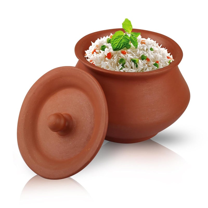 PALVIT CLAY ART GALLERY (P.C.A.G) Biryani Handi/Pot for Cooking and Serving with Lid Stylish Clay Curd Pot/Mitti Handi/Curd Bowl with Lid Mathani Coocking Handi Terracotta Mitti Handi (Round Handi, 800ml) - Image 1