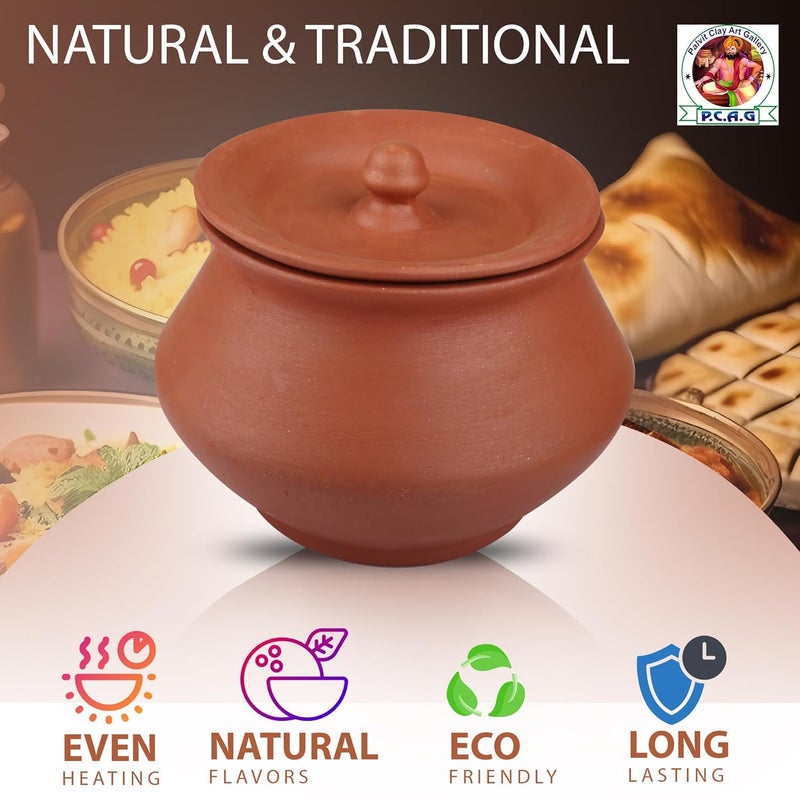 PALVIT CLAY ART GALLERY (P.C.A.G) Biryani Handi/Pot for Cooking and Serving with Lid Stylish Clay Curd Pot/Mitti Handi/Curd Bowl with Lid Mathani Coocking Handi Terracotta Mitti Handi (Round Handi, 800ml) - Image 3