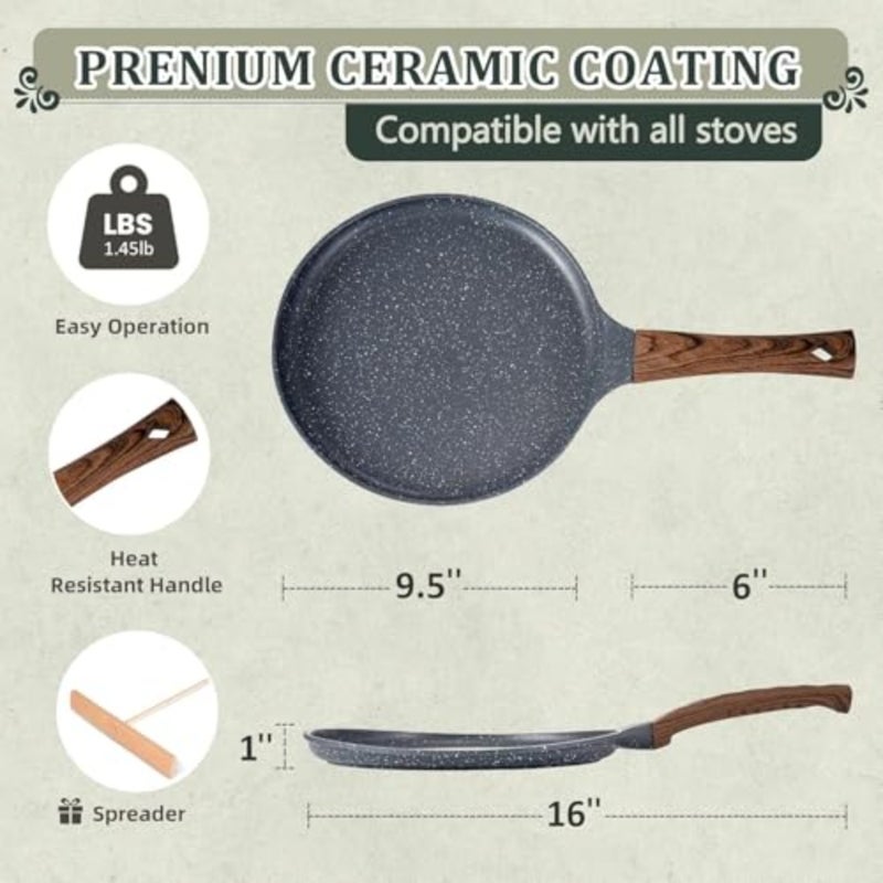 24cm Nonstick Crepe Pan with Spreader, Granite Coating Skillet Pan for Roti Egg Omelet Tortilla Tawa Dosa, Flat Frying Pan, Induction Compatible PFOA and PTFEs Free - Image 2