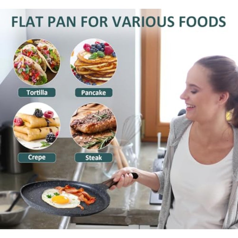 24cm Nonstick Crepe Pan with Spreader, Granite Coating Skillet Pan for Roti Egg Omelet Tortilla Tawa Dosa, Flat Frying Pan, Induction Compatible PFOA and PTFEs Free - Image 4