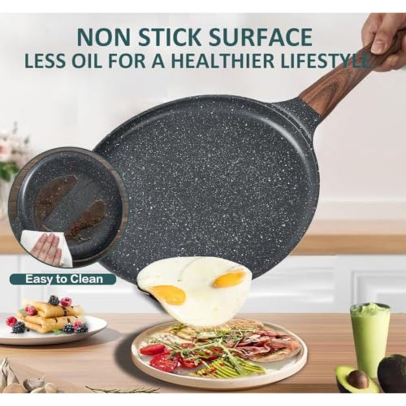 24cm Nonstick Crepe Pan with Spreader, Granite Coating Skillet Pan for Roti Egg Omelet Tortilla Tawa Dosa, Flat Frying Pan, Induction Compatible PFOA and PTFEs Free - Image 5