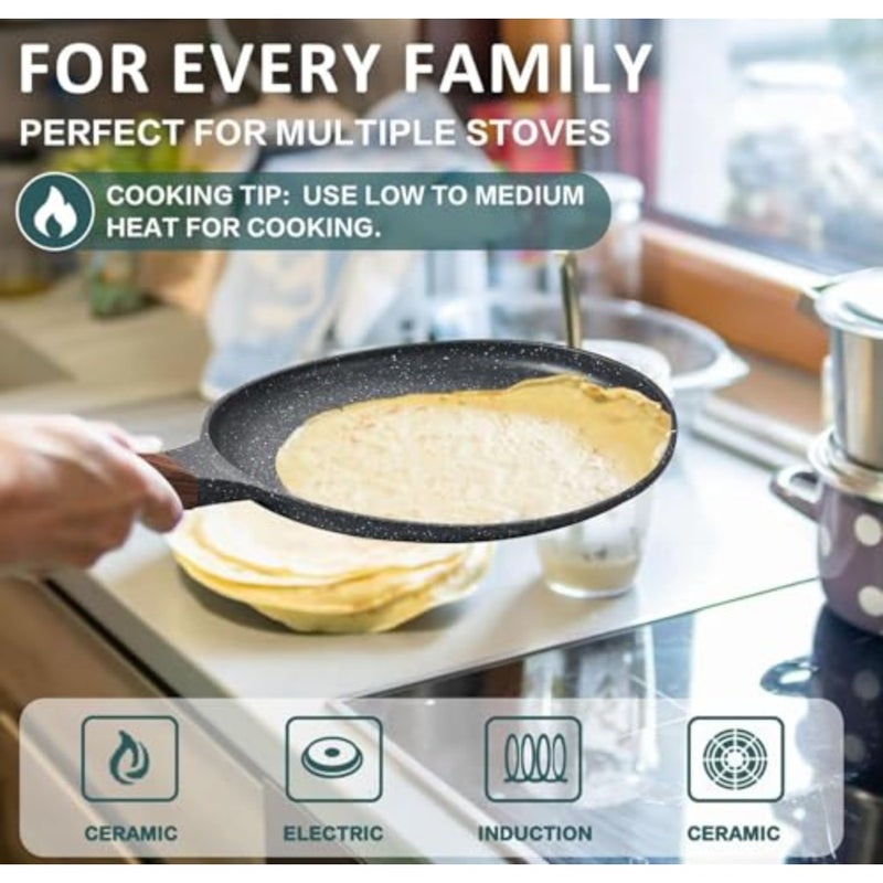24cm Nonstick Crepe Pan with Spreader, Granite Coating Skillet Pan for Roti Egg Omelet Tortilla Tawa Dosa, Flat Frying Pan, Induction Compatible PFOA and PTFEs Free - Image 3