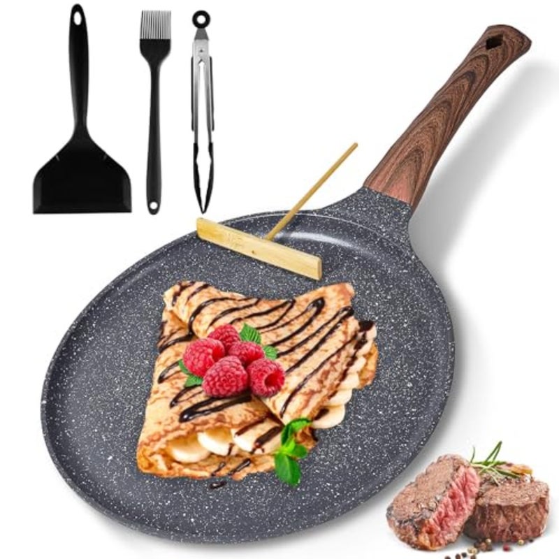 24cm Nonstick Crepe Pan with Spreader, Granite Coating Skillet Pan for Roti Egg Omelet Tortilla Tawa Dosa, Flat Frying Pan, Induction Compatible PFOA and PTFEs Free - Image 1