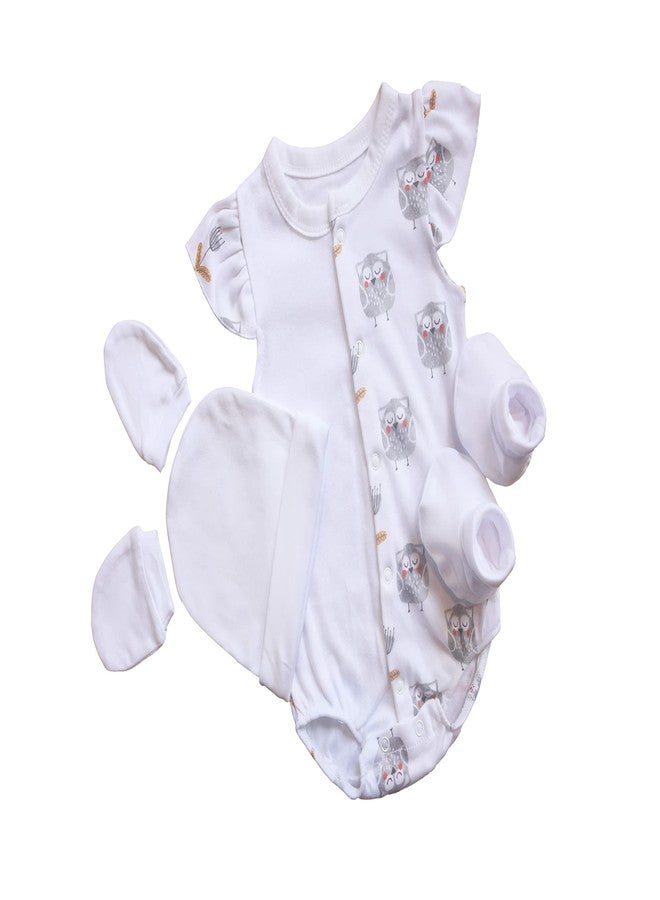 Picksparrow Cotton Newborn Baby Rompers, Cap, Booties, Mittens Set/Newborn Essentials (Set of 4(Owl-Girl)) (3-6 Months) - Image 1